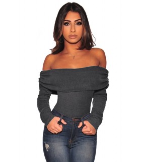 Grey long sleeve off-shoulder knittingbody