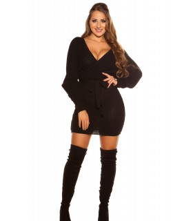 Black wrap-look v-wool dress with belt