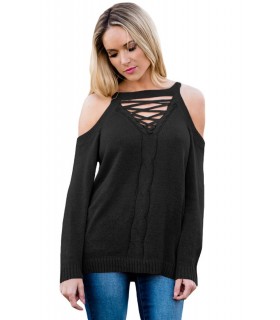 Black lattice decorated sweater with shoulder shreds [LAST CHANCE]