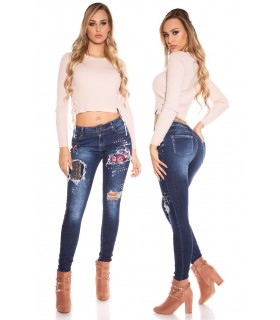 Blue ripped rivet-cinched jeans with roses [LAST CHANCE]
