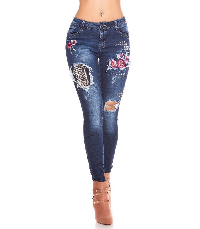 Blå rippade nit-cinched jeans med rosor – kuva 4