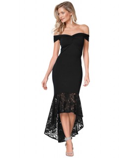 Musta off-shoulder high low -mekko pitsillä ja twistillä [LÖYTÖ]