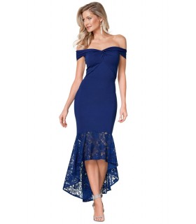 Sininen off-shoulder high low -mekko pitsillä ja twistillä [LÖYTÖ]