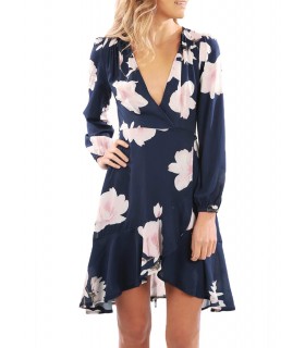 Dark blue floral pattern long sleeved v-dress [LAST CHANCE]