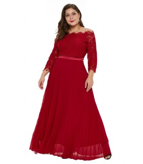 Red lace-entored long chiffon party dress (plus size)