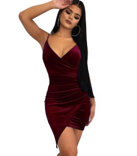 Burgundy v-wrap-look velvet dress