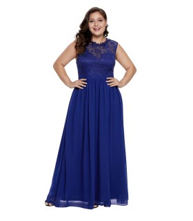 Sininen pitkä sifonkijuhlamekko pitsillä (plus size)