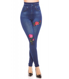 Blue rose-logging high-waisted denim leggings