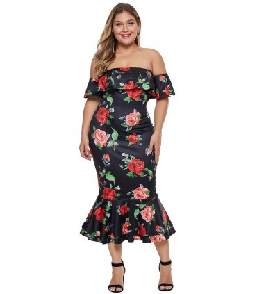 Svart rosmönster off-shoulder midime (plus storlek)