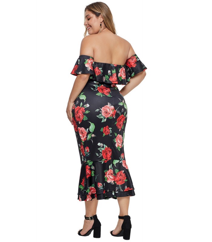 Musta ruusukuvioinen off-shoulder midimekko (plus size) – kuva 2