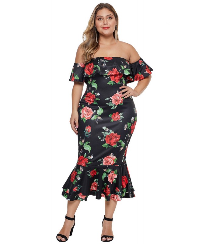 Musta ruusukuvioinen off-shoulder midimekko (plus size) – kuva 3