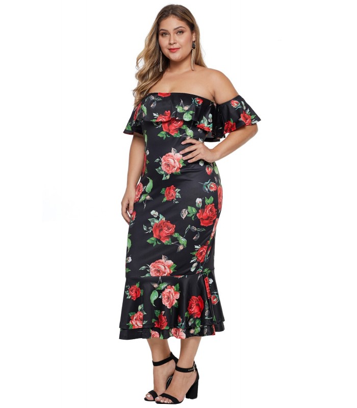Musta ruusukuvioinen off-shoulder midimekko (plus size) – kuva 4