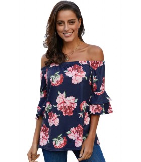Mörkblå rosmönstrad off-shoulder skjorta med ruffled ärmar [SISTA CHANSEN]