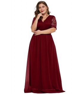 Burgundy lace-ornamented long v chiffon party dress (plus size)