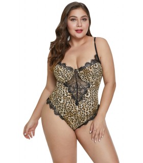 Leopard Print Lace-Ornamented Teddy (Plus Size) [CHRISTMASLE]