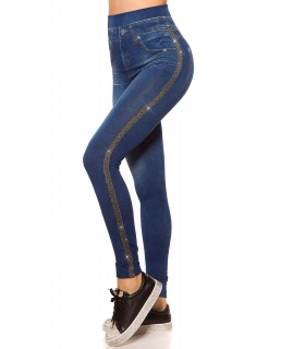 Blue high-waisted denim leggings with rhineband track