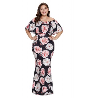 Black floral pattern ruffled maxikko (plus size)