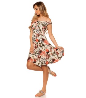 Beige rally floral pattern off-shoulder summer dress