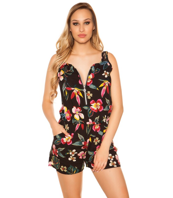 Musta kukkakuvioinen vetoketjukoristeinen playsuit