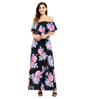 Musta ruusukuvioinen off-shoulder maksimekko [LÖYTÖ]