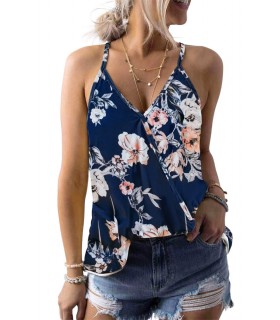 Blått blommönster v-wrap-look topp