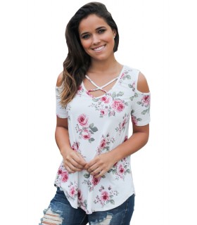 White lattittittie floral shirt with shoulder shreds