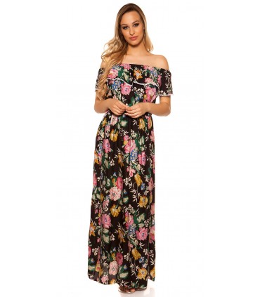 Svart blommönster off-shoulder maxiklänning med volang
