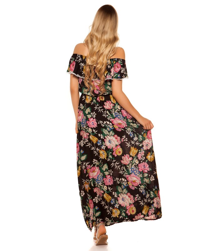 Svart blommönster off-shoulder maxiklänning med volang – kuva 2