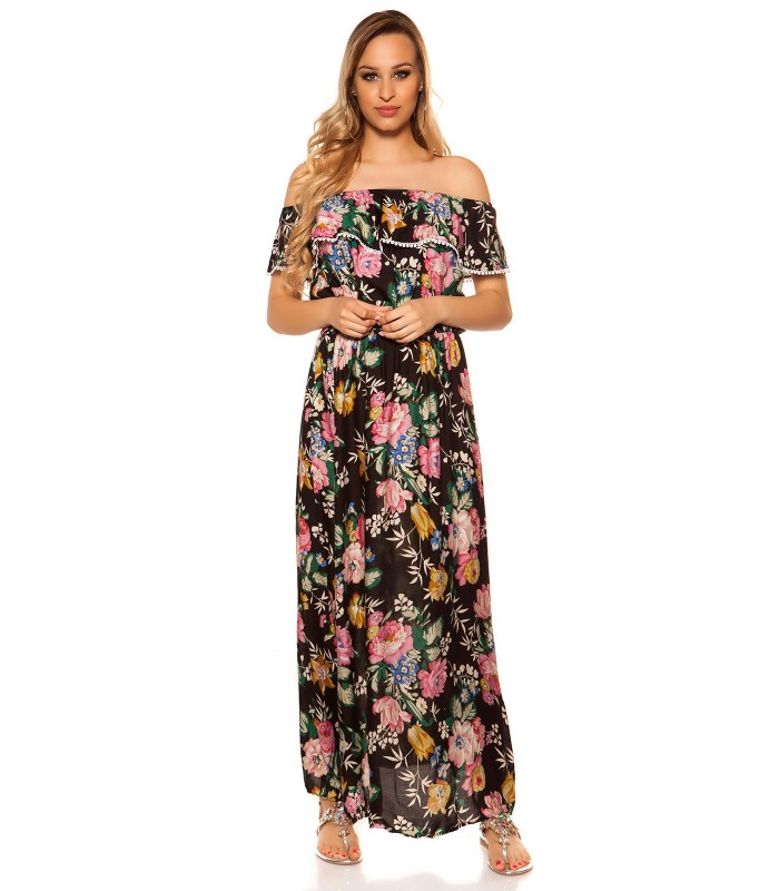 Musta kukkakuvioinen off-shoulder maksimekko röyhelöllä – kuva 3