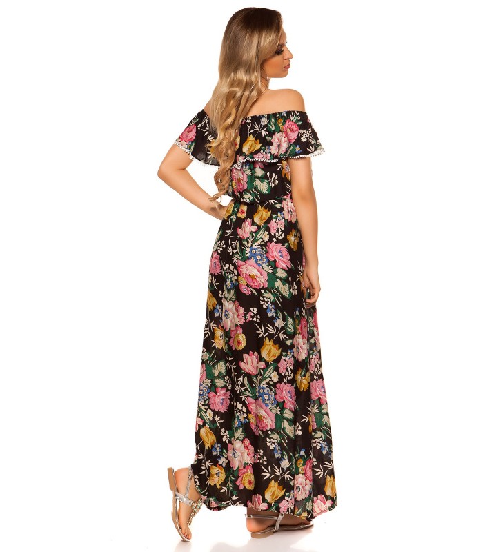Svart blommönster off-shoulder maxiklänning med volang – kuva 4