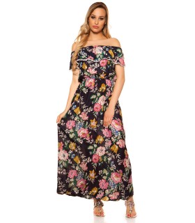 Dark blue floral pattern off-shoulder maxi dress with ruffles [DISCOVERY]