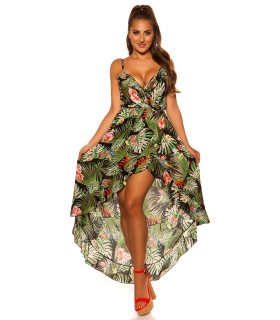 Musta lehti- ja kukkakuvioinen high low wrap-look v-mekko