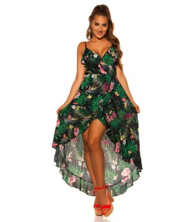 Dark blue leaf and floral pattern high low wrap-look v-dress
