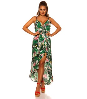 Valkoinen lehti- ja kukkakuvioinen high low wrap-look v-mekko