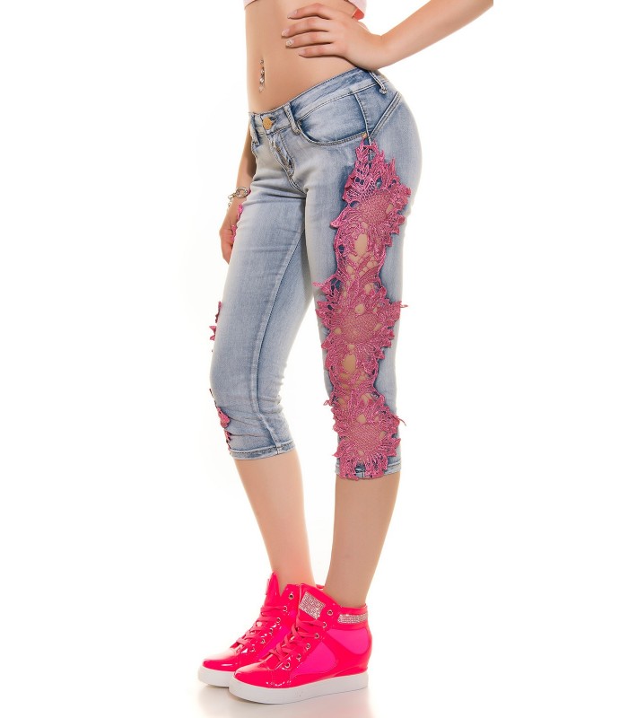 Koucla blå rosa-knäppt push-up capri jeans