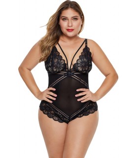 Musta remmikoristeinen teddy pitsillä ja mesh-raidoilla (plus size)