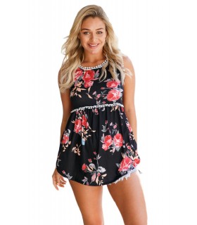 Black rose patterned pompom top [LAST CHANCE]