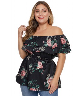 Black rose pattern off-shoulder ruffle shirt (plus size)