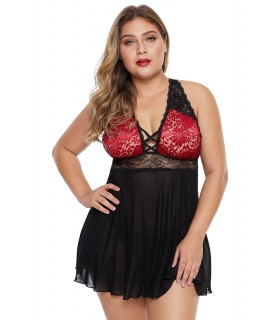 Punamusta pitsi- ja ristikkokoristeinen babydoll (plus size)