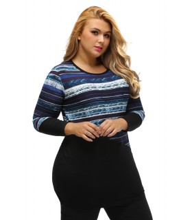 Sinimusta raidallinen pitkähihainen illuusiopaita (plus size) [LÖYTÖ]