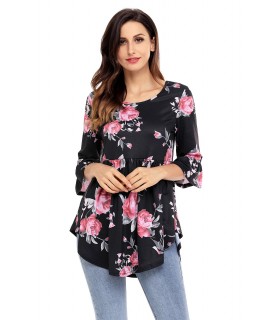 Black rose patterned ruffled sleeve shirt [LAST CHANCE]