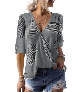Grey leaf pattern v-wrap-look shirt
