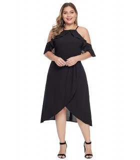 Black ruffled wrap-look party dress (plus size) [LAST CHANCE]
