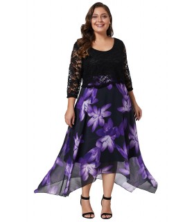 Blackviolet floral pattern lace-ornamented party dress (plus size)