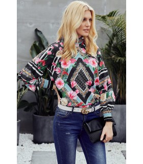 Colorful rose print pattern bohemian blouse