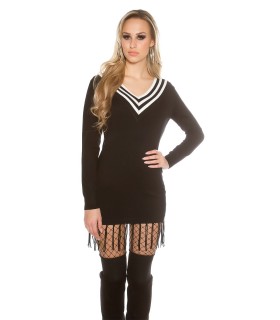 Koucla black white striped v-knit dress with fringe