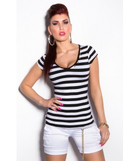 Black and white striped short-sleeved v-shirt with wings