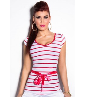 Red and White Striped Short Sleeve V-Shirt with Belt [DISCOVERY]