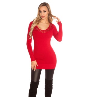 Red rhine-decorated v-knit dress with back opening