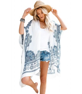 White-white print pattern kimono